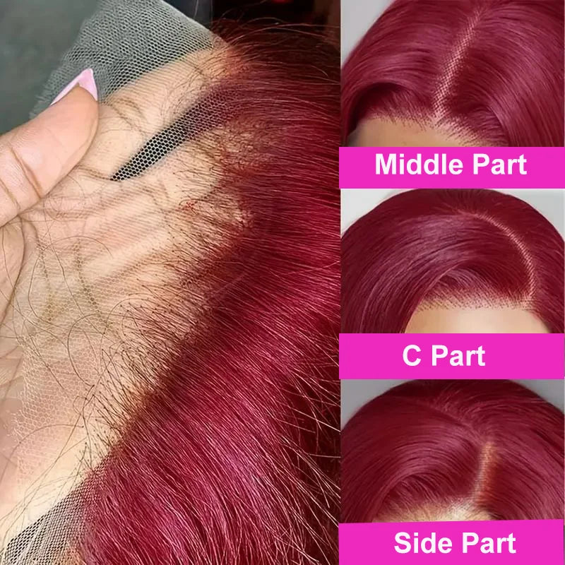 13x4 99J Short Bob Wig Human Hair HD Transparent Dark Red Burgundy Color Lace Frontal Bob Wigs Bone Straight  For Black Woman