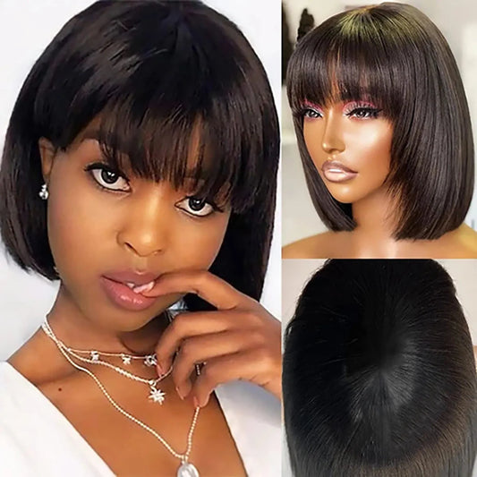 Straight Bob Human Hair Wigs With Bangs Short Brazilian Human Hair 200density For Woman No Lace Full Machine Made Human Hair Wig