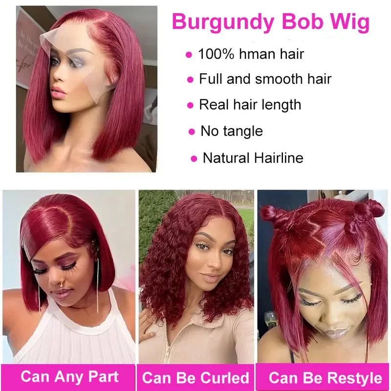 13x4 99J Short Bob Wig Human Hair HD Transparent Dark Red Burgundy Color Lace Frontal Bob Wigs Bone Straight  For Black Woman