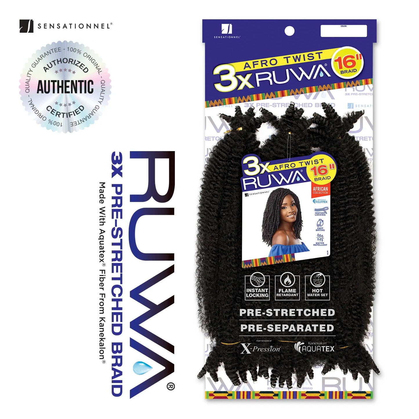 Sensationnel Ruwa Braids X-Pression 3X Pre-Stretched Braid Afro Twist 16" - Easy & Fast Styling, Fast Drying