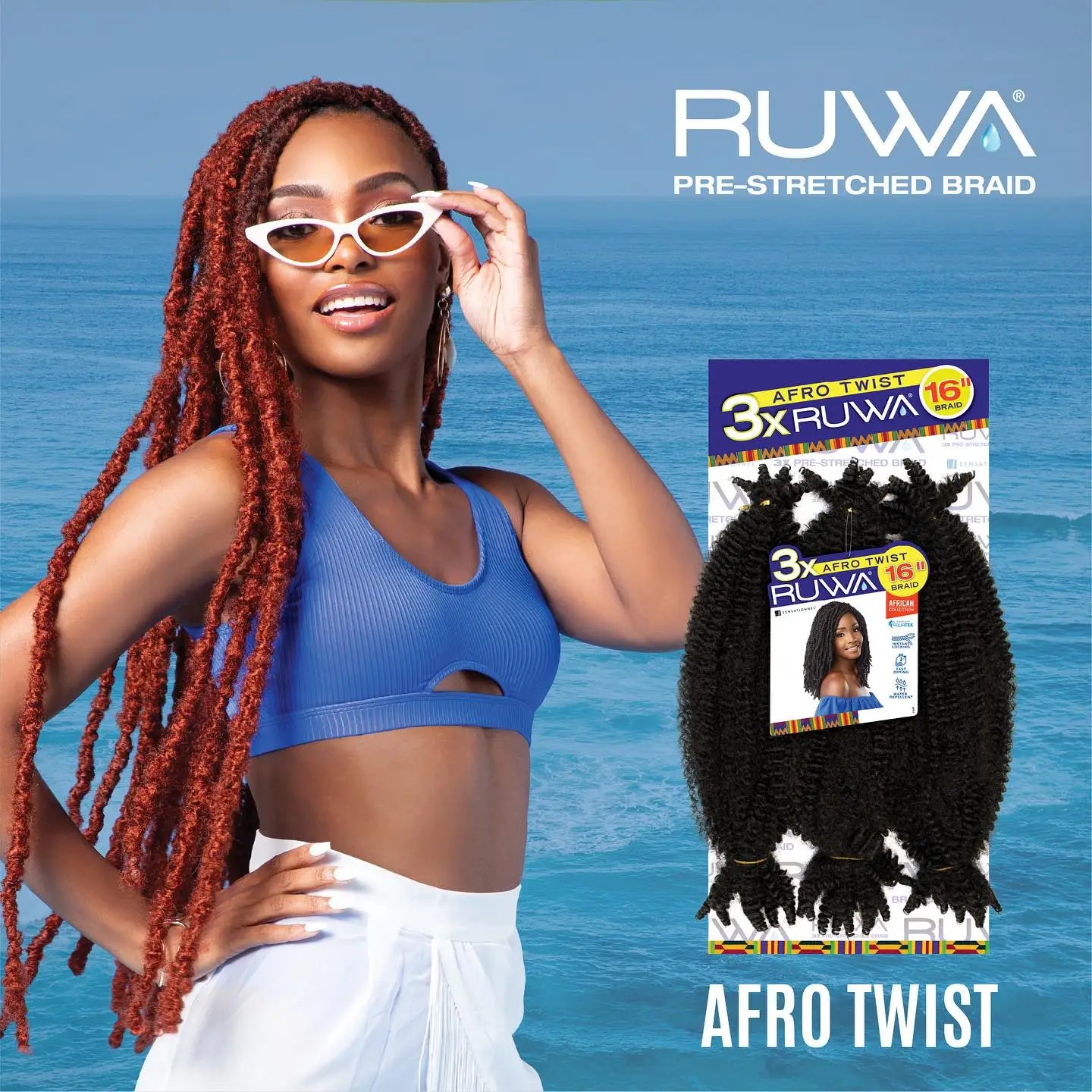 Sensationnel Ruwa Braids X-Pression 3X Pre-Stretched Braid Afro Twist 16" - Easy & Fast Styling, Fast Drying