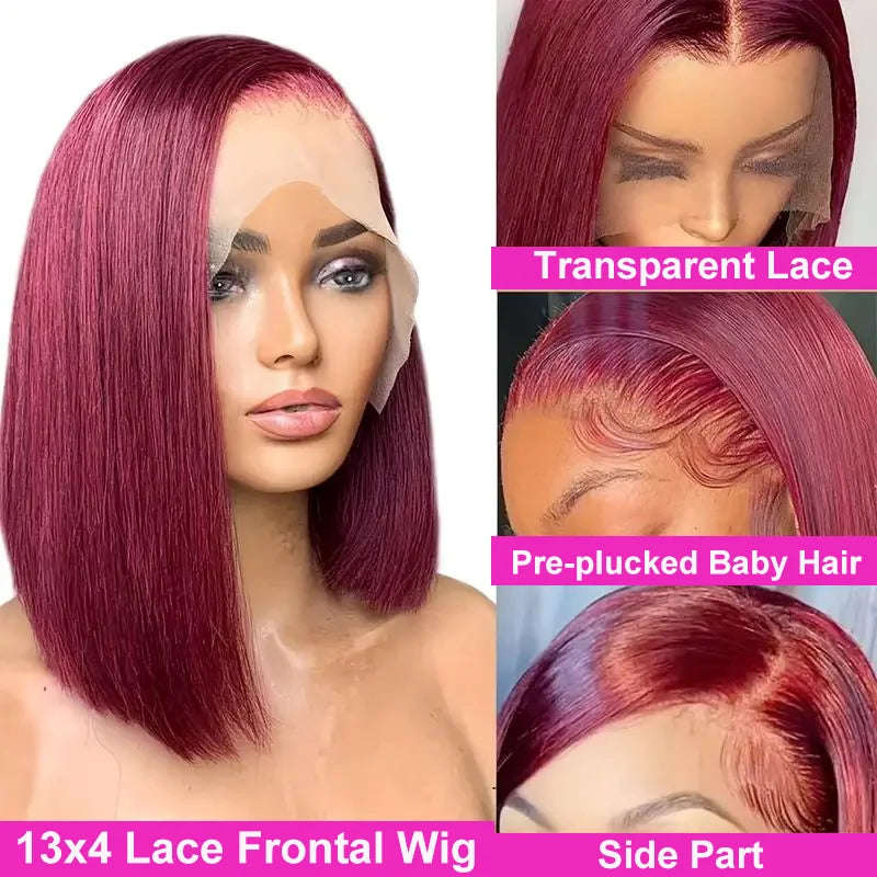 13x4 99J Short Bob Wig Human Hair HD Transparent Dark Red Burgundy Color Lace Frontal Bob Wigs Bone Straight  For Black Woman