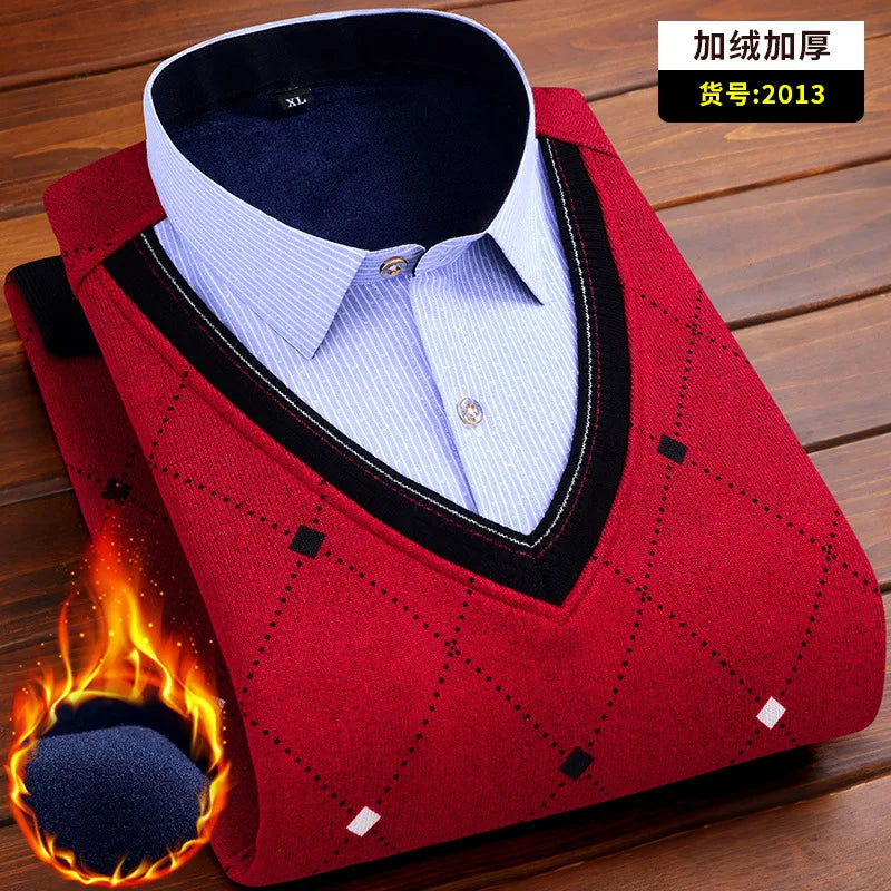 2025 Autumn  Winter New Wholesale Warm Shirt Plus Fleece Thickened Men's Sweater Base Top Men's Casual Loose Long-sleeved Shirt