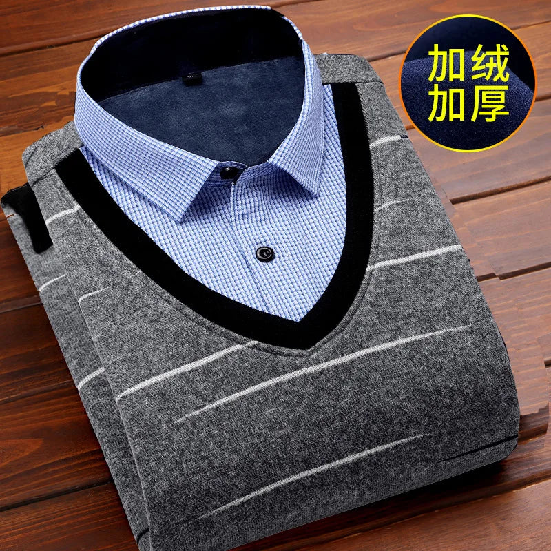 2025 Autumn  Winter New Wholesale Warm Shirt Plus Fleece Thickened Men's Sweater Base Top Men's Casual Loose Long-sleeved Shirt