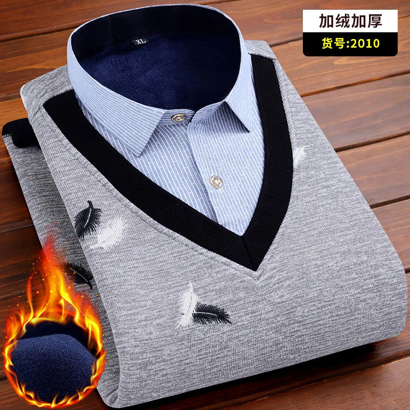 2025 Autumn  Winter New Wholesale Warm Shirt Plus Fleece Thickened Men's Sweater Base Top Men's Casual Loose Long-sleeved Shirt