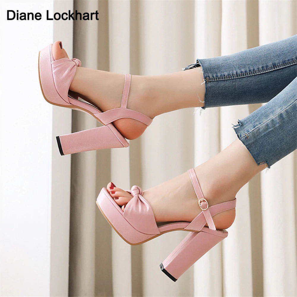 2024New Summer Women High Heels Wedding Party Sandals Open Toe Ankle Strap Chunky Heels Shiny Platform Sandals Ladies Shoes Pink