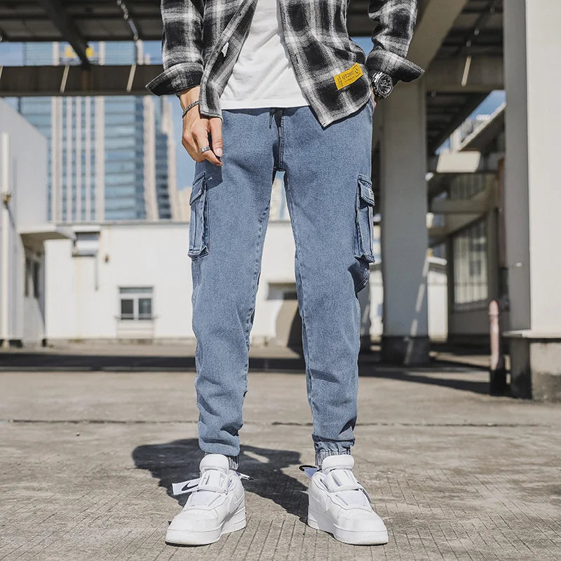 Spring Autumn Men's Jeans Multi-Pockets Work Wear Cargo Pants Black Blue Elastic Waist Denim Joggers Big Size Jean Trousers 8XL