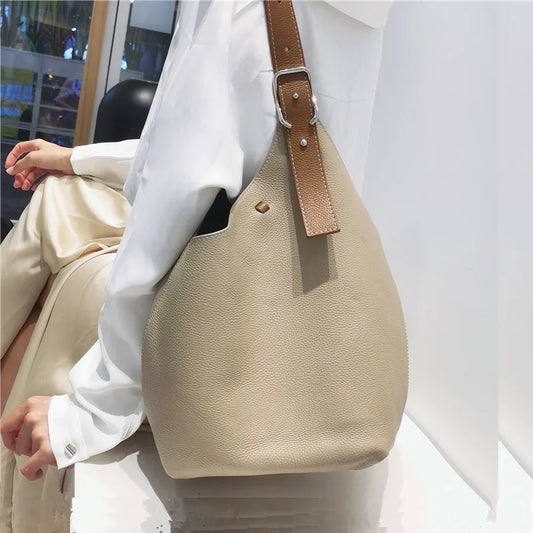 Luxury Bucket Bags For Women Genuine Leather Simple Adjustable Shoulder Handbag & Liner Bag Fashion Panelled Design Shoulder Bag