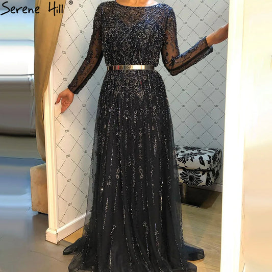 CustomizedMuslim Navy Blue Mermaid Elegant Luxury Evening Dresses Gowns A-Line Beaded 2024 For Women Party LA71145