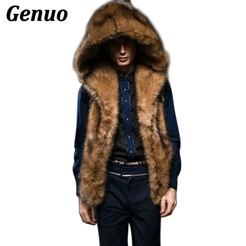 Fashion Winter Men Males Fur Vest Hoodie Hooded Thick Fur Warm Waistcoat Sleeveless Coat Outerwear Jackets  S-3XL Genuo