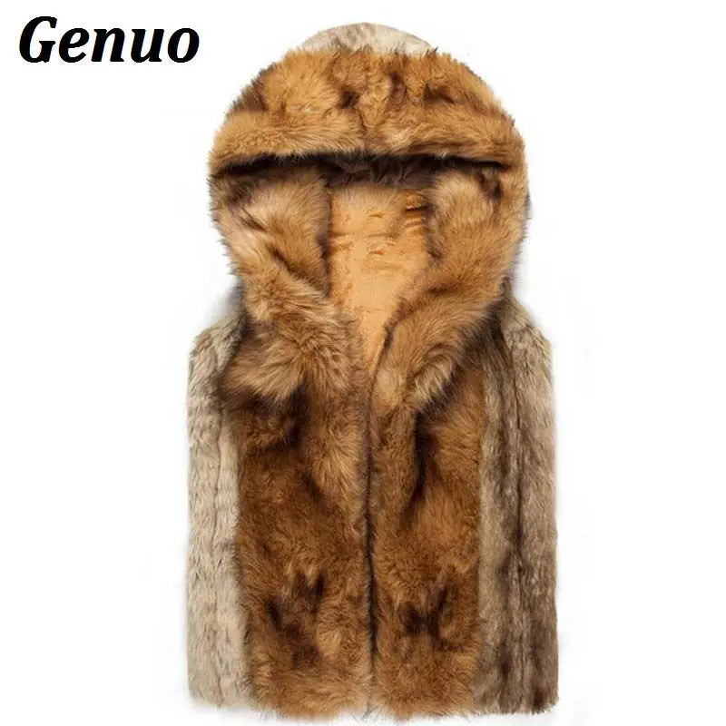 Fashion Winter Men Males Fur Vest Hoodie Hooded Thick Fur Warm Waistcoat Sleeveless Coat Outerwear Jackets  S-3XL Genuo