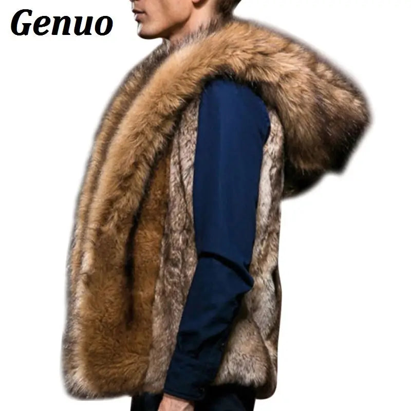 Fashion Winter Men Males Fur Vest Hoodie Hooded Thick Fur Warm Waistcoat Sleeveless Coat Outerwear Jackets  S-3XL Genuo