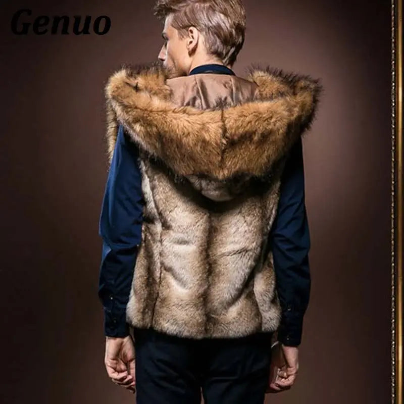 Fashion Winter Men Males Fur Vest Hoodie Hooded Thick Fur Warm Waistcoat Sleeveless Coat Outerwear Jackets  S-3XL Genuo