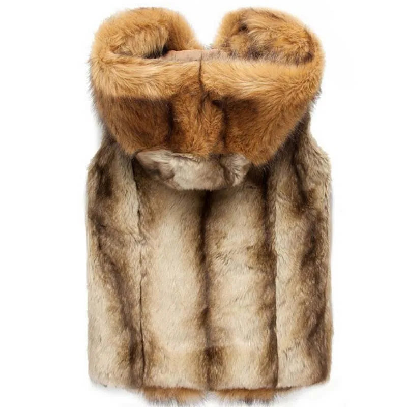 Fashion Winter Men Males Fur Vest Hoodie Hooded Thick Fur Warm Waistcoat Sleeveless Coat Outerwear Jackets  S-3XL Genuo