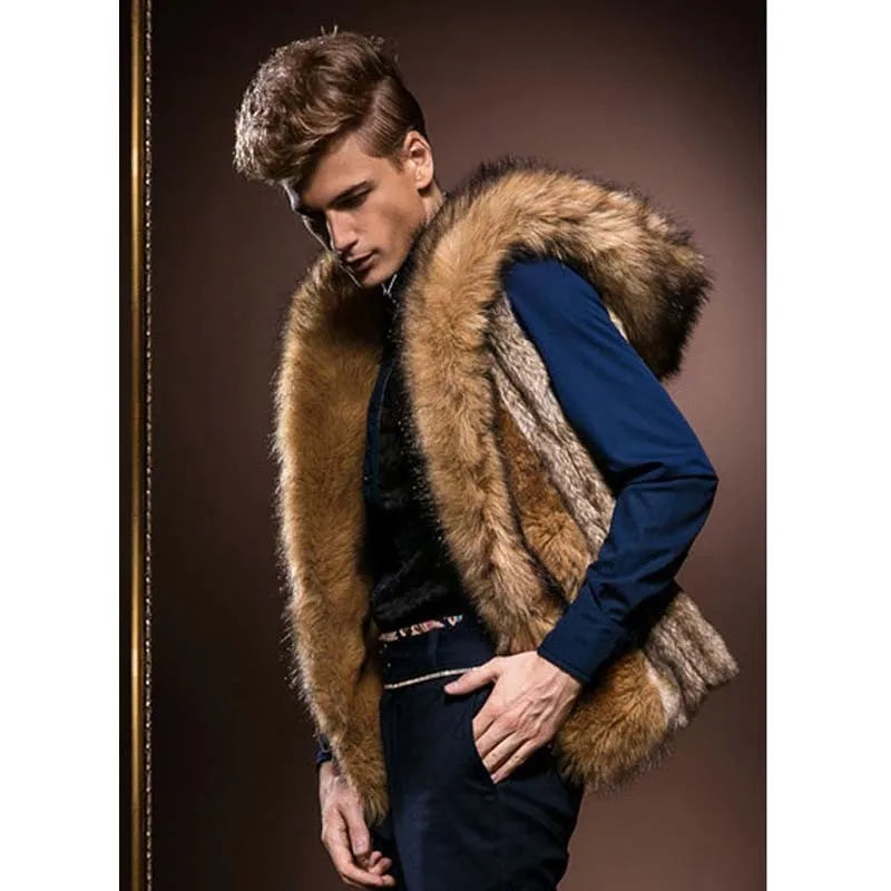 Fashion Winter Men Males Fur Vest Hoodie Hooded Thick Fur Warm Waistcoat Sleeveless Coat Outerwear Jackets  S-3XL Genuo