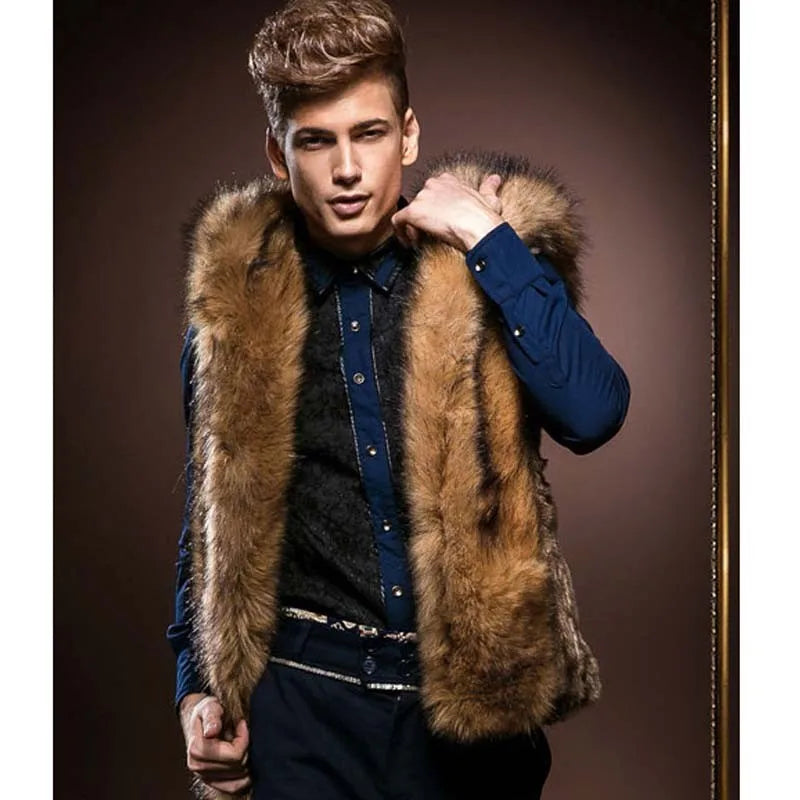 Fashion Winter Men Males Fur Vest Hoodie Hooded Thick Fur Warm Waistcoat Sleeveless Coat Outerwear Jackets  S-3XL Genuo