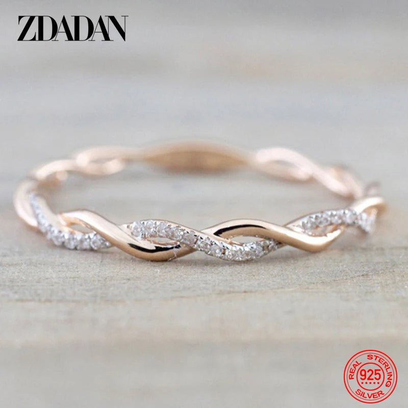 ZDADAN 925 Sterling Silver Twisted Rings For Women Fashion Wedding Jewelry