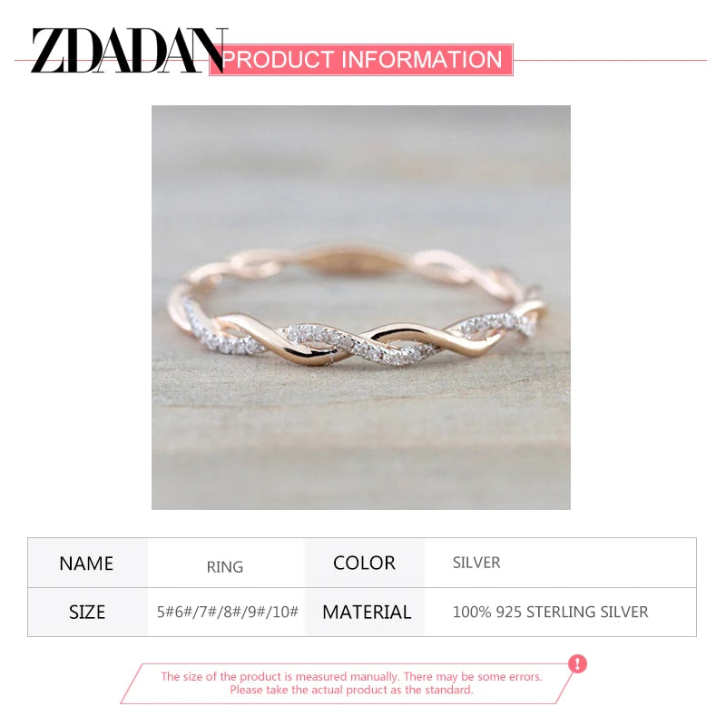 ZDADAN 925 Sterling Silver Twisted Rings For Women Fashion Wedding Jewelry