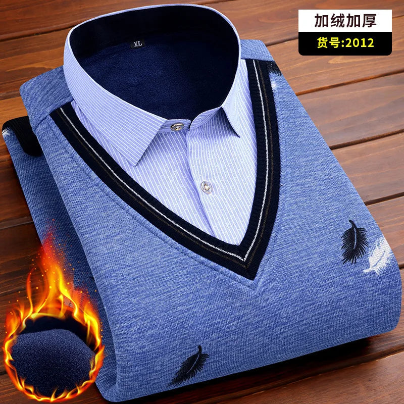 2025 Autumn  Winter New Wholesale Warm Shirt Plus Fleece Thickened Men's Sweater Base Top Men's Casual Loose Long-sleeved Shirt