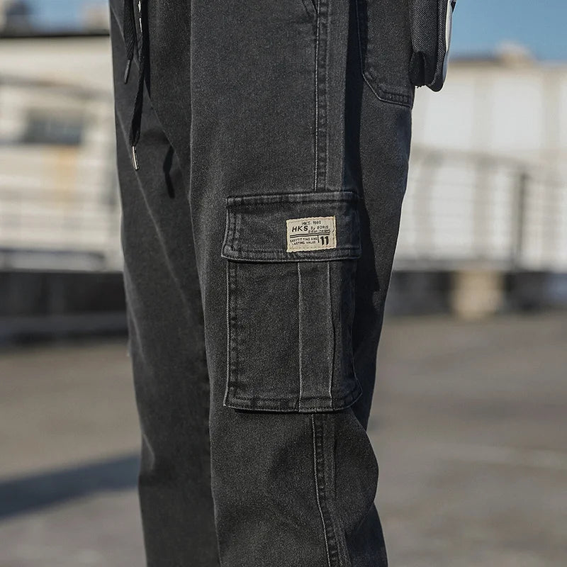 Spring Autumn Men's Jeans Multi-Pockets Work Wear Cargo Pants Black Blue Elastic Waist Denim Joggers Big Size Jean Trousers 8XL