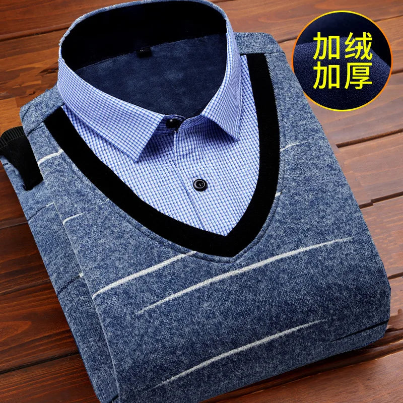 2025 Autumn  Winter New Wholesale Warm Shirt Plus Fleece Thickened Men's Sweater Base Top Men's Casual Loose Long-sleeved Shirt