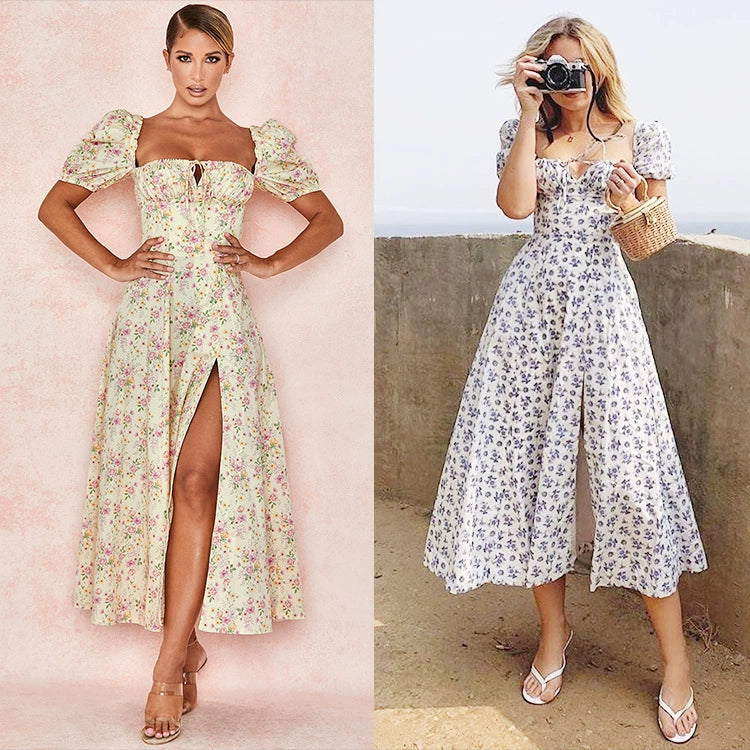 Fashion Wind Young Sexy Square Collar Lace up Small Floral Print Silm Puff Sleeves Elegant High Slit Dress Female