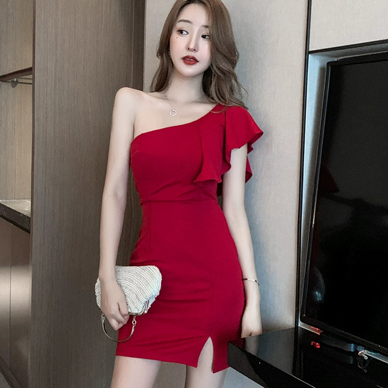 Socialite Slimming off-Shoulder Low-Cut Sexy Slit Dress