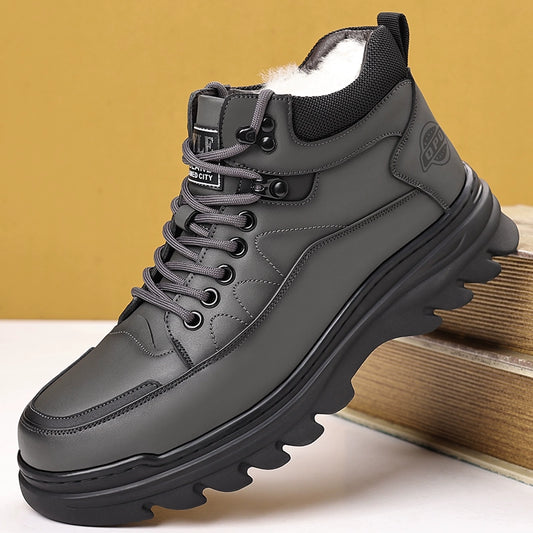 Woodpecker Winter High-Top Fleece-lined Wool and Cotton Shoes Men's Leather Soft Bottom Casual Cotton Shoes Men's Dad Shoes Snow Boots
