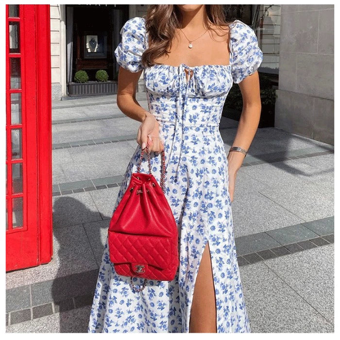 Fashion Wind Young Sexy Square Collar Lace up Small Floral Print Silm Puff Sleeves Elegant High Slit Dress Female