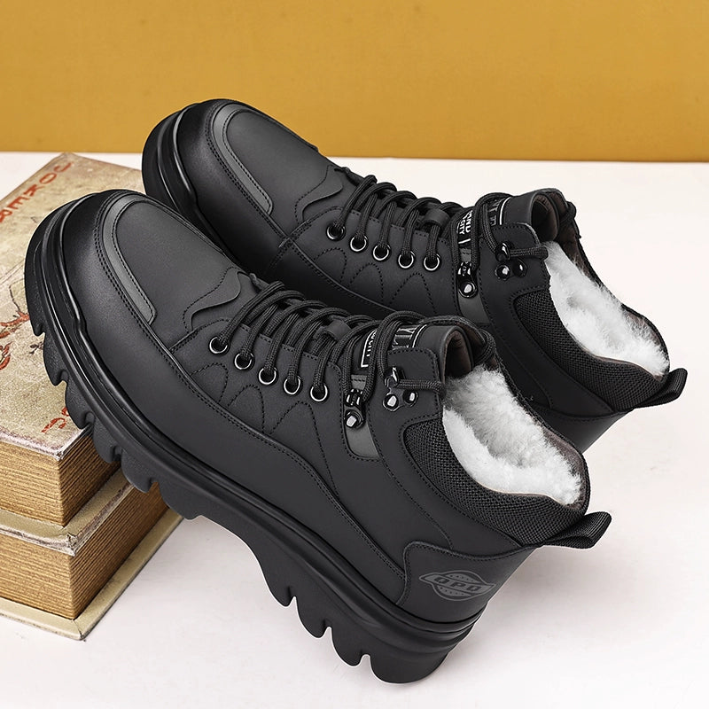 Woodpecker Winter High-Top Fleece-lined Wool and Cotton Shoes Men's Leather Soft Bottom Casual Cotton Shoes Men's Dad Shoes Snow Boots