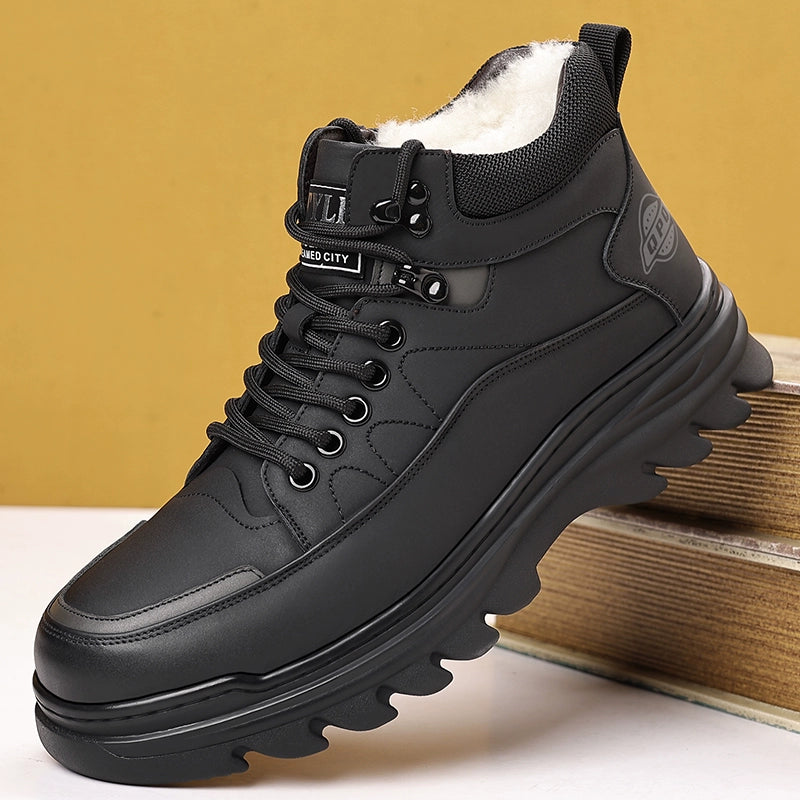Woodpecker Winter High-Top Fleece-lined Wool and Cotton Shoes Men's Leather Soft Bottom Casual Cotton Shoes Men's Dad Shoes Snow Boots