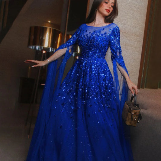 CustomizedBlue Arabic Cape Sleeves Beaded Luxury Dubai Evening Dresses Gowns Formal Gowns 2024 For Women Wedding Party LA70454