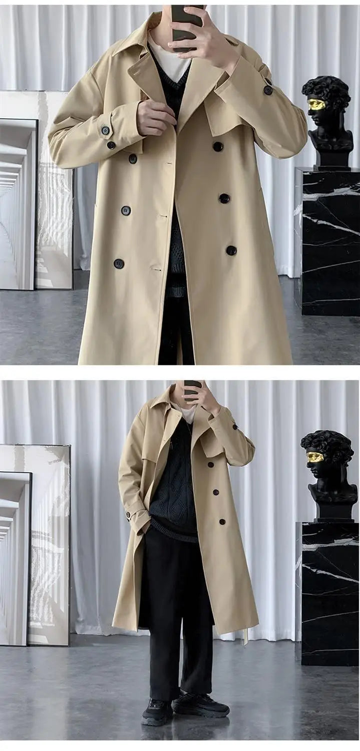 BROWON Korean Fashion Trench Coat Men Jacket Spring and Autumn X-Long Over Knee Men Coat Loose Casual Windbreaker Jackets Male