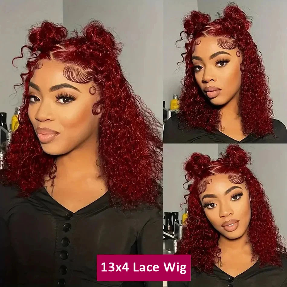 99J Burgundy Short Kinky Curly Bob Wigs Human Hair 13X4 Transparent Lace Wigs Deep Wave Brazilian Human Hair Lace Frontal Wig