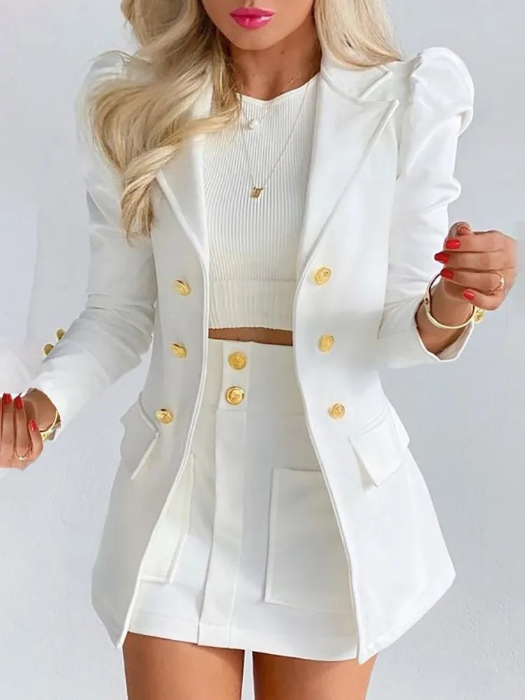 Long Sleeve Suit Jacket Dress Set Spring Fashion Elegant Solid Turn Down Collar Coat Buns Two Piece Sets For Women Outfit 2023