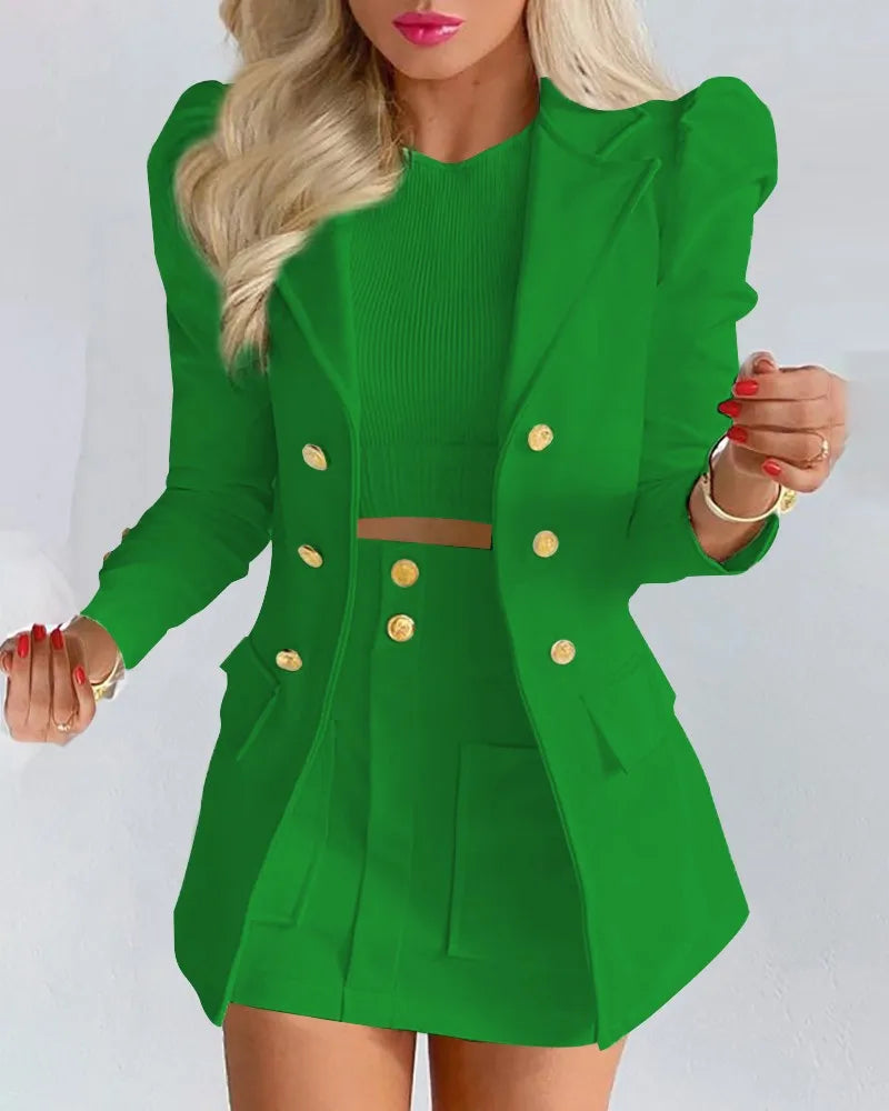 Long Sleeve Suit Jacket Dress Set Spring Fashion Elegant Solid Turn Down Collar Coat Buns Two Piece Sets For Women Outfit 2023