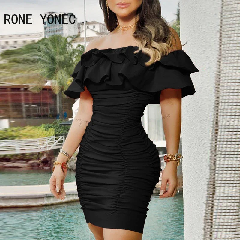 Women Elegant  Off  Shoulder Cascasing Ruffle Hem Folds  Mini Bodycon Party Dresses