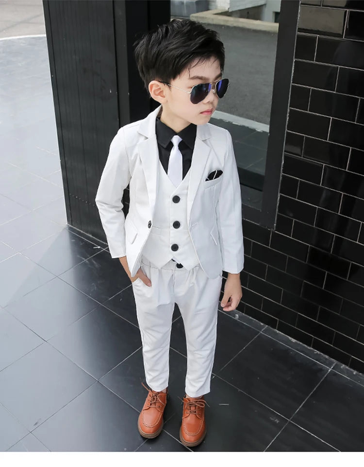 Flower Boys White Wedding Dress Suit Formal Kids Prom Baptism Tuxedo New Children's Day Performance School Uniform Costume,H126