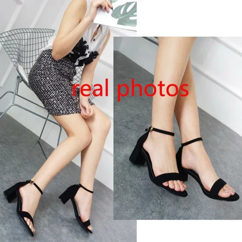 New Thick Heel 7 Cm 5 Cm Sandals Women Summer Wild Large Size High Heel Mid-heel Buckle Sandals Open Toe Flock Pumps Shoes