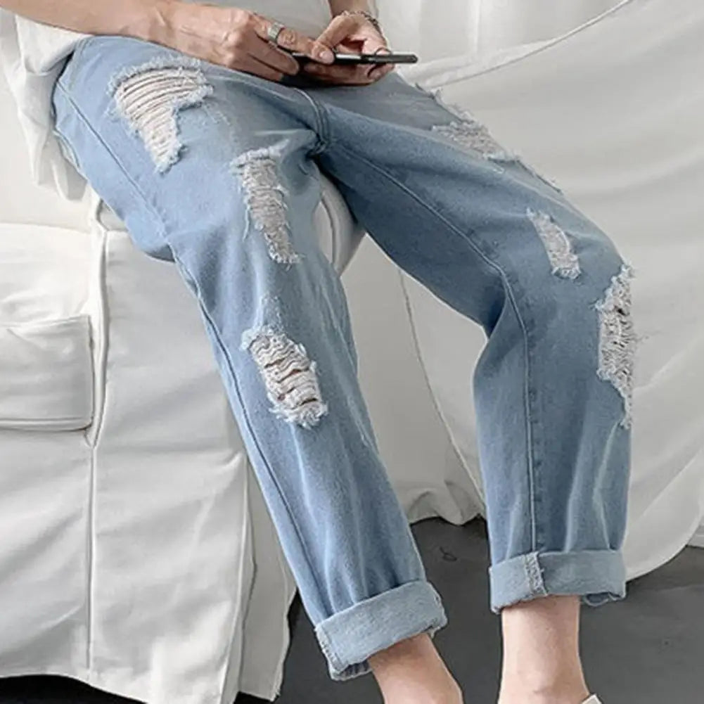 Summer Men Pants Solid Color Ripped Mid Waist Casual Students Jeans for Daily Wear Hole Jeans Trousers Men Clothing