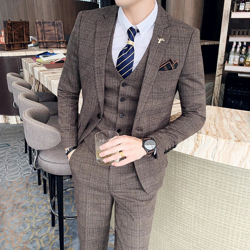 High Quality British Korean Modified Plaid Men (suit + Vest + Trousers) Stylish and Handsome Business Casual Three-piece Suit