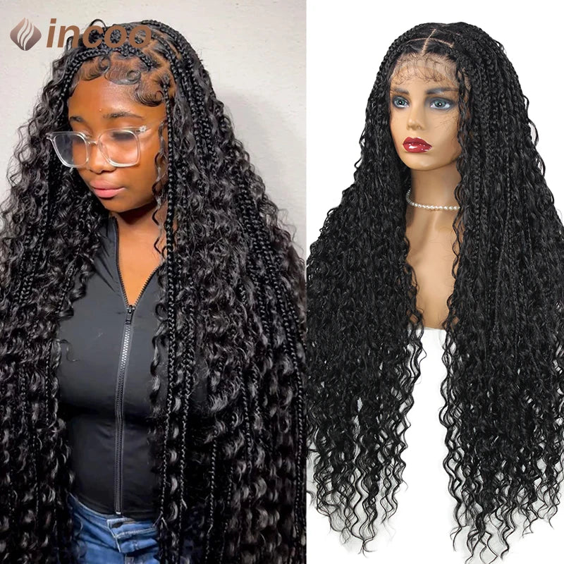 Boho Box Braided Wigs Curly Hair Synthetic Full Lace Front Wigs for Women Goddess Locs Braid Wig Burgundy Bohemian Box Braid Wig