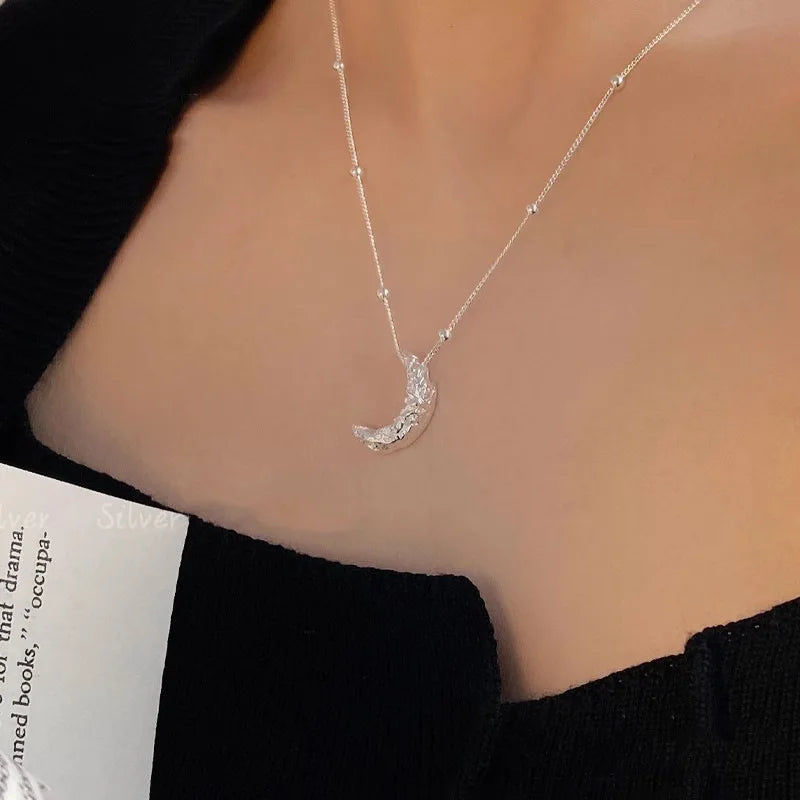 New 925 Sterling Silver Geometric Sparkling Moon Pendant Clavicle Choker For Women Wedding Necklace Engagement Fine Jewelry ﻿