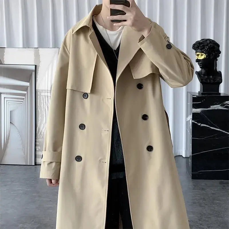 BROWON Korean Fashion Trench Coat Men Jacket Spring and Autumn X-Long Over Knee Men Coat Loose Casual Windbreaker Jackets Male