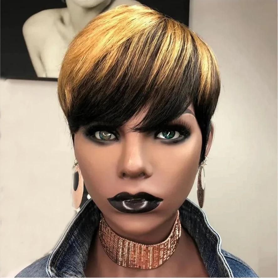 1B/27 Honey Blonde Ombre Color Short Wavy Bob Pixie Cut Full Machine Made 100% Human Hair Wigs With Bangs For Black Women