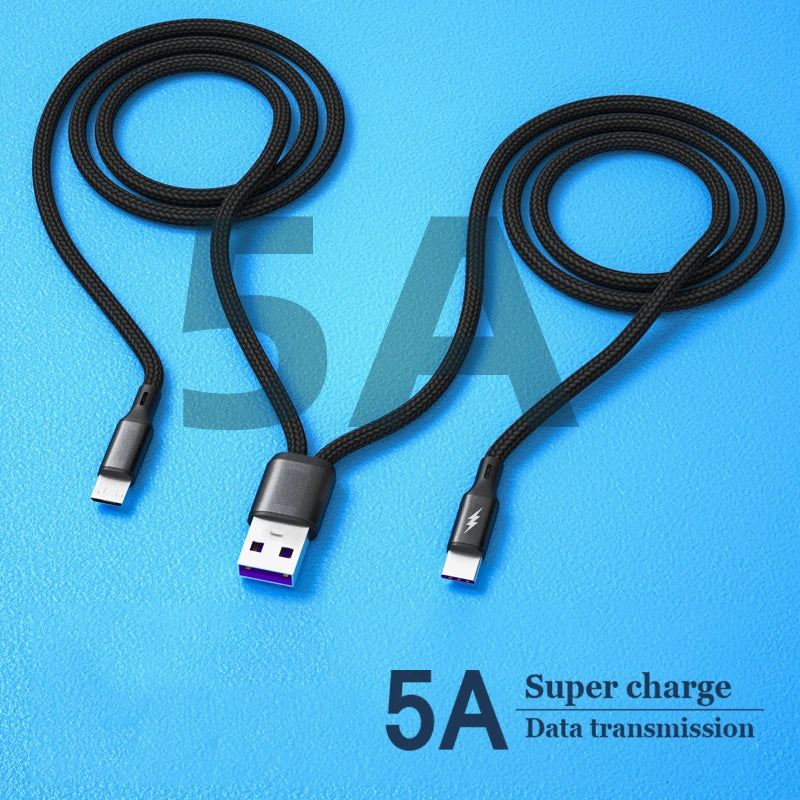 1.2m USB Charging Spliter Cable 2-in-1 Data Cord Type C Micro USB Fast Charging Cable Y Splitter 5A Fast Charging Cable