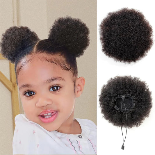 Afro Puffs Natural Black Afro Puff Hair Bun For Kids 100% Remy Human Hair Small Drawstring Ponytail For Little Girls Curly