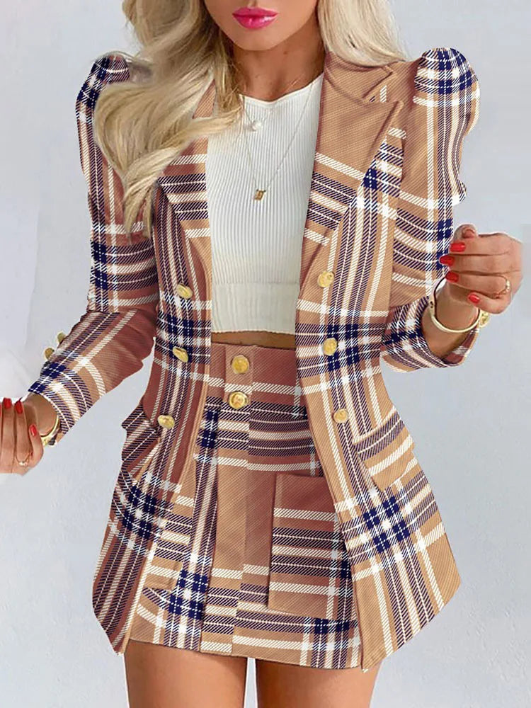 Spring Autumn New Printed Suit Set Short Skirt Women's Temperament Slim Tops Coat + Half Mini Skirt Female Office Suit Sets Kirt