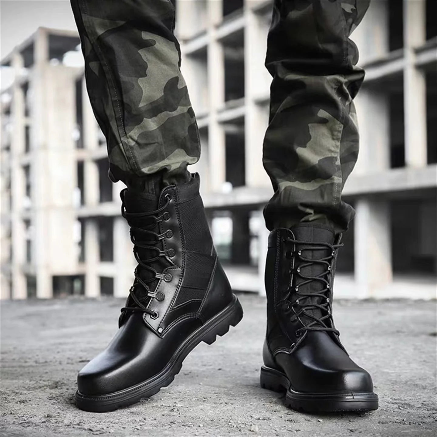 High Top Black Leather Tactical Boots Men's Outdoor Hunting Shoes Waterproof Breathable Steel Head Hiking Training Boots