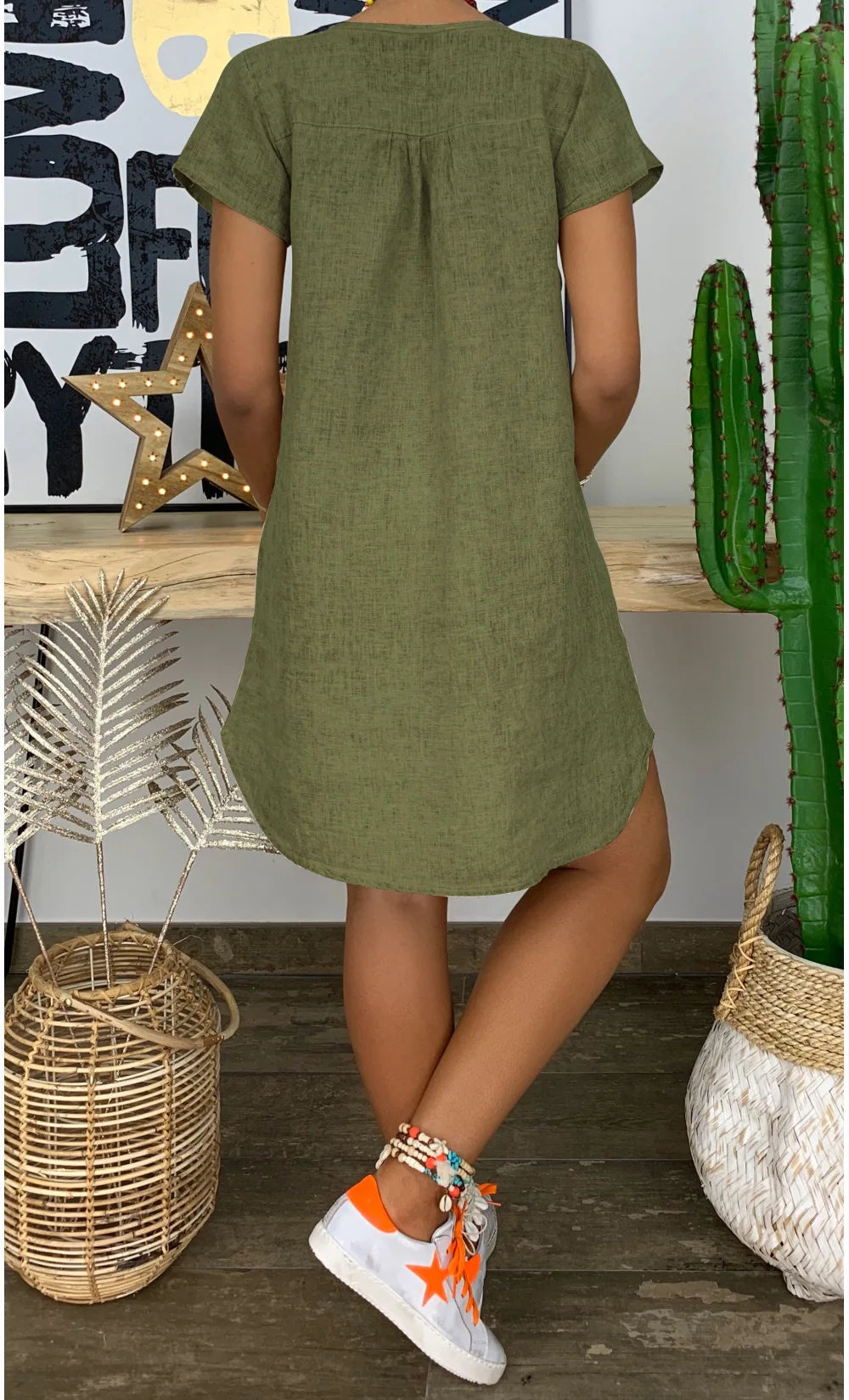 Summer loose solid color short sleeved V-neck cotton linen dress for women's clothing dress